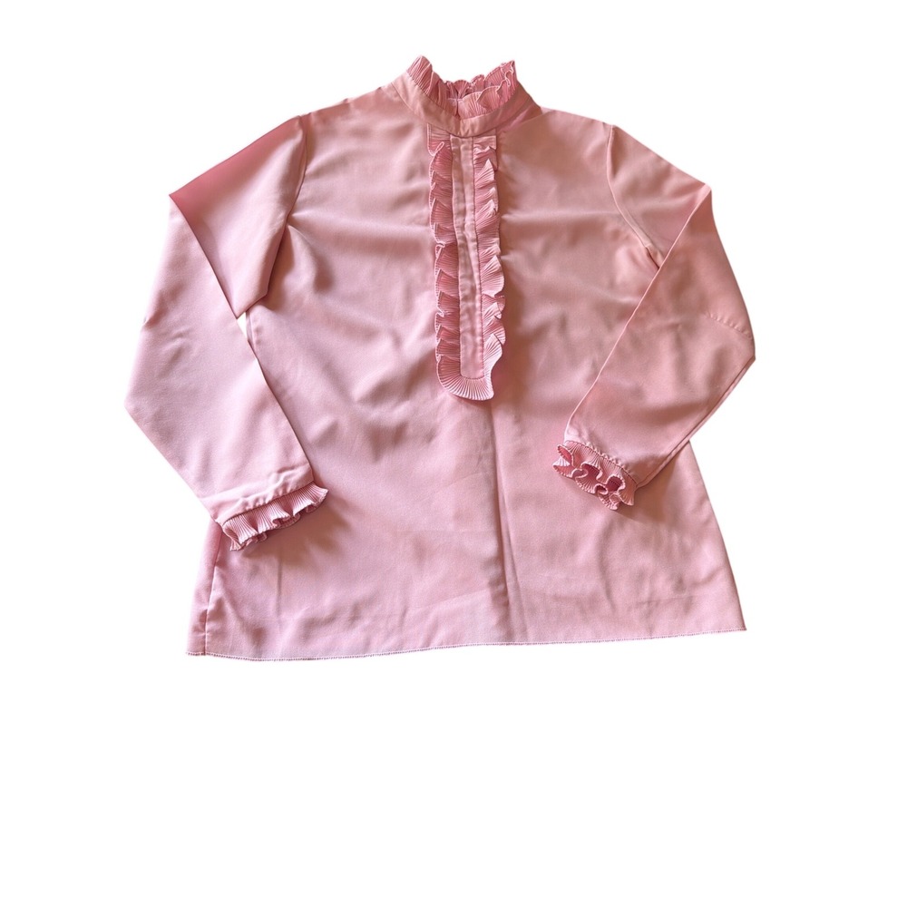 Judy Bond Blouse Pink Vintage Ruffle Mock Neck Back Button Pleated Long Sleeve
